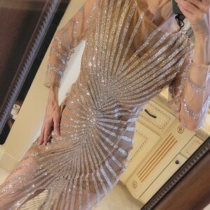 Stunning Silver Sequin Long Sleeve Dress,  XS